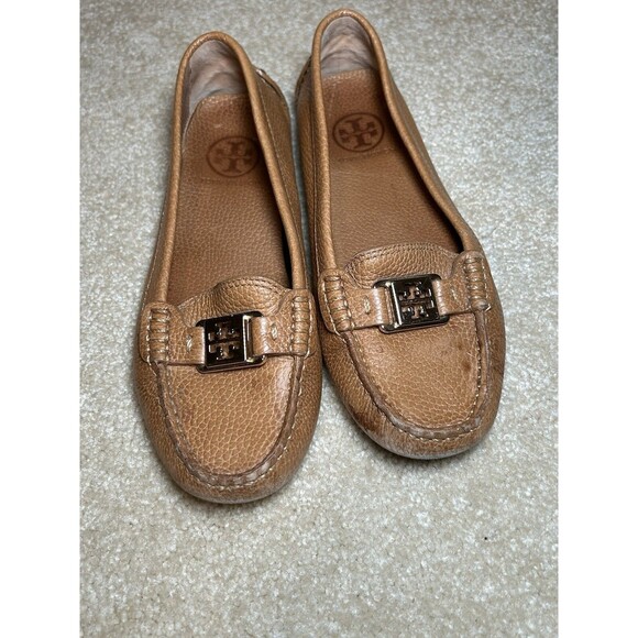 Tory Burch Kendrick Tumbled Leather Shoes Tan Loafers Size 7M - Picture 1 of 11